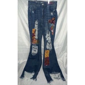 Vintage Almost Famous Jeans Size 7 Patchwork Hobo Ripped Denim Artwork Bandana